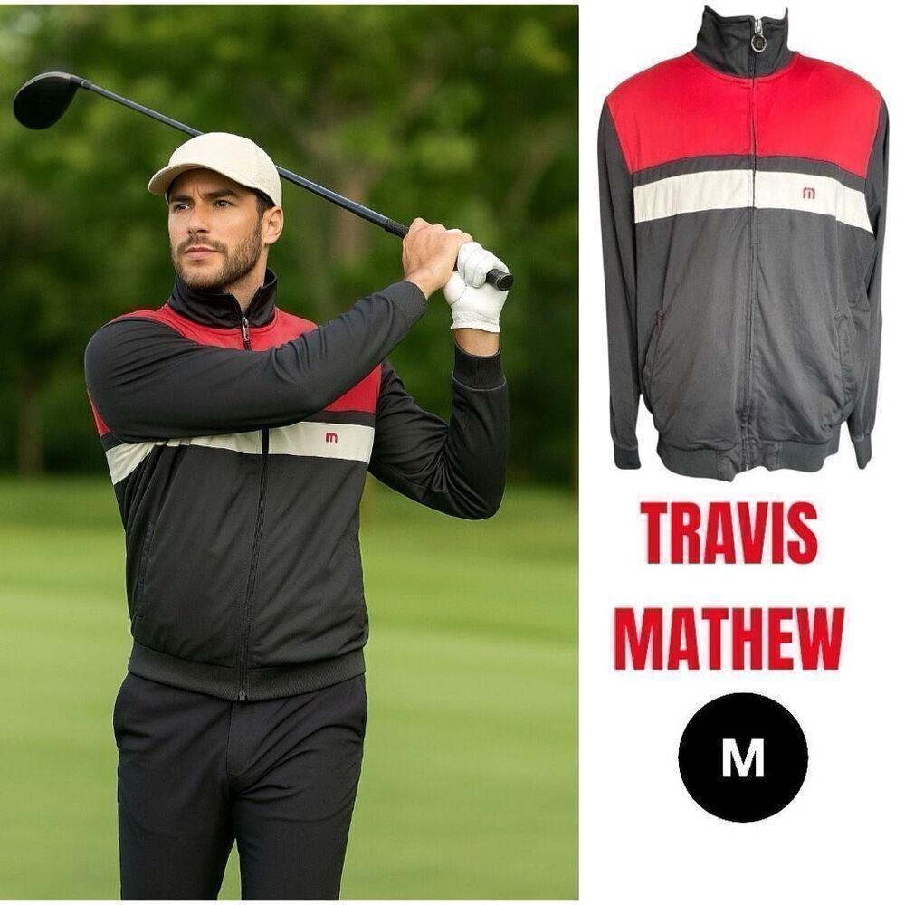Travis Mathew Mens Nylon Blend Zip Up Golf Activewear Jacket Black Medium Jog